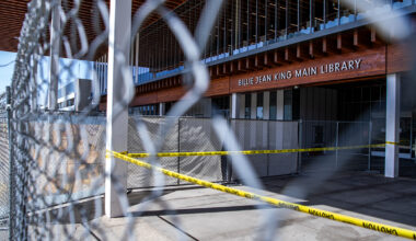 Long Beach begins building fence around Billie Jean King Library in downtown • Long Beach Post News