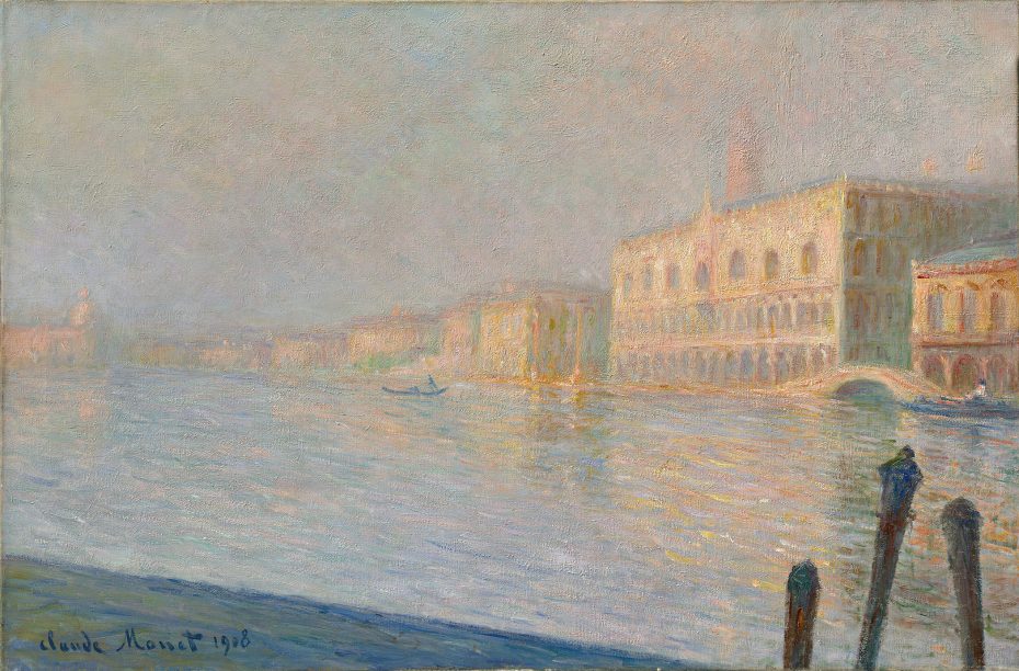 Impressionist painting of Venice showing buildings along a canal in soft pastel tones with a small boat on the water; signature "Claude Monet 1908" at bottom left.