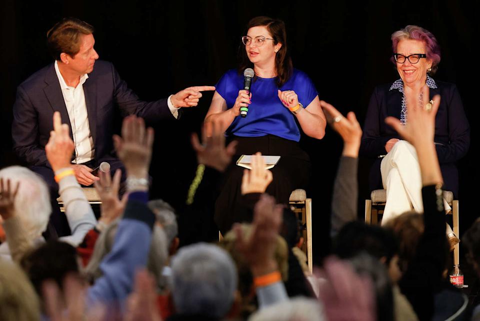 From left, CunninghamLegal trust, estate and tax-planning firm partner Jim Cunningham, Chronicle personal finance columnist Jessica Roy and YeskeBuie Financial founding partner Elissa Buie engage in a panel discussion at the Chronicle's Aging and Longevity Summit on Feb. 23 in San Francisco. (Jessica Christian/S.F. Chronicle)