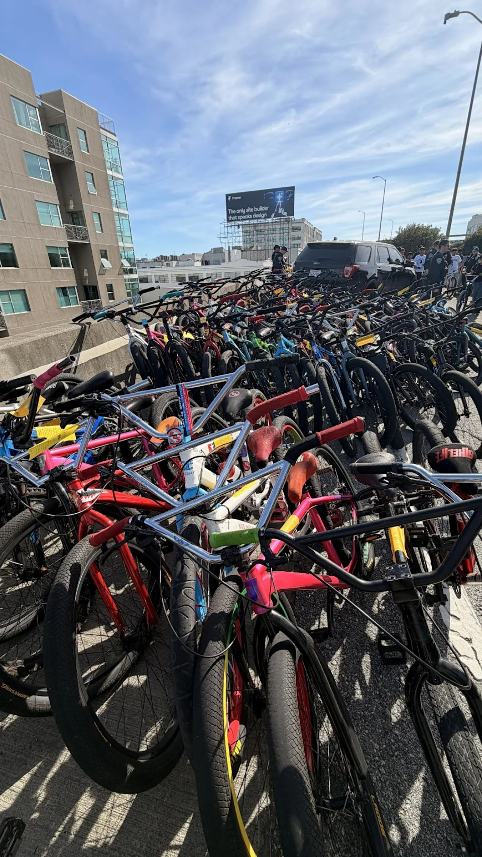 Bicycles that were seized by California Highway Patrol and the San Francisco Police Department officers after they detained 85 people who attempted to enter the San Francisco – Oakland Bay Bridge on Saturday, March 28, 2026, in San Francisco, CA.