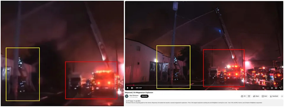 <span>Screenshot comparison of the falsely shared video (L) and the June 2016 YouTube clip, with matching elements highlighted by AFP </span>
