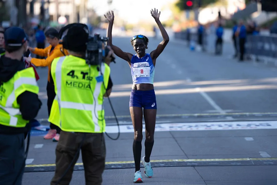 Priscah Cherono wins the women's division of the Los Angeles Marathon on Sunday, March 8, 2026, in Los Angeles.