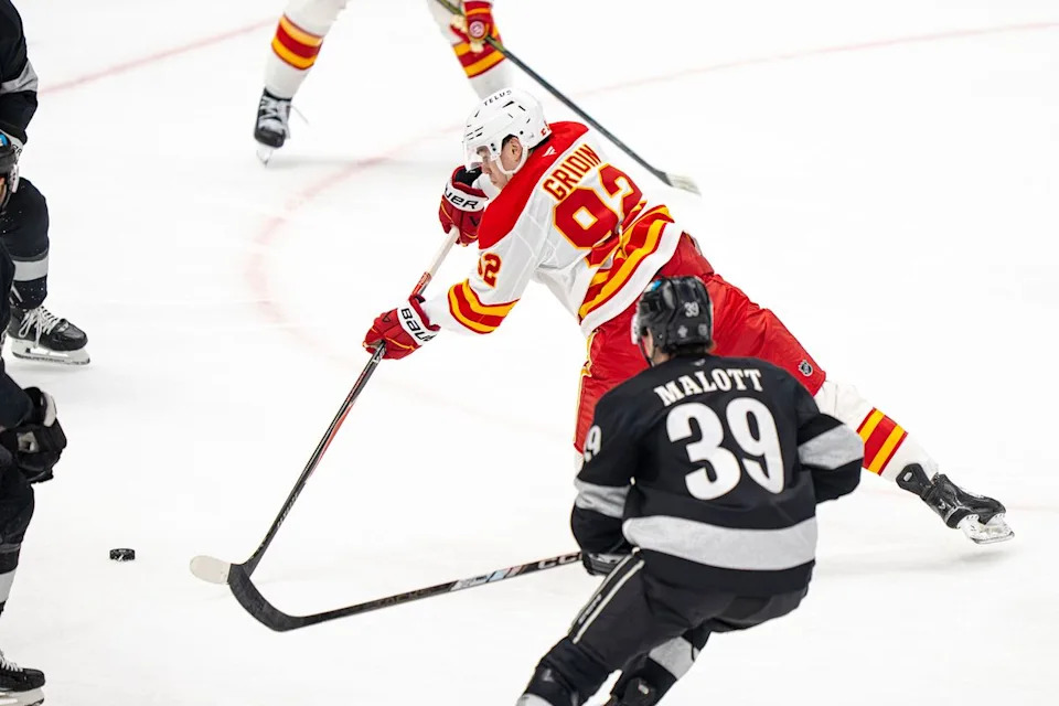 Calgary Flames right wing Matvei Gridin (92) making an unsuccessful shot on goal during an NHL hockey game against the Los Angeles Kings on February 26th, 2026 in Los Angeles, CA.