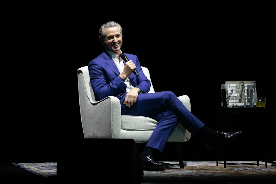 Gov. Gavin Newsom speaks about the problems he overcame while writing "Young Man in a Hurry" at the Golden Gate Theatre in San Francisco, Feb. 28, 2026. (Manuel Orbegozo/For the S.F. Chronicle)