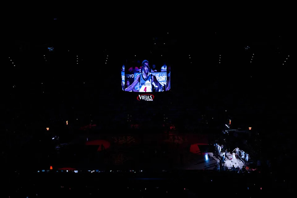San Diego State guard Sean Newman Jr. (4) is introduced before an NCAA Basketball game between UNLV and San Diego State, Friday March 6, 2026 at Viejas Arena in San Diego, Calif.