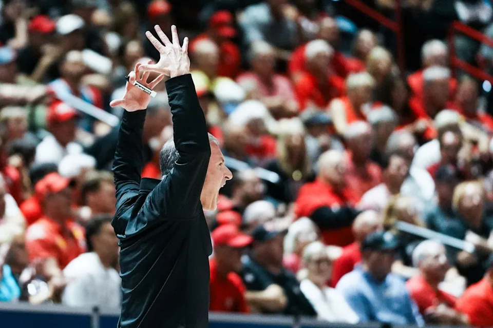 New Mexico coach Eric Olen reacts to a call from an official during semifinal of Mountain West Championship tournament game between San Diego State and New Mexico on Friday March 13, 2026 in Las Vegas, Nev.