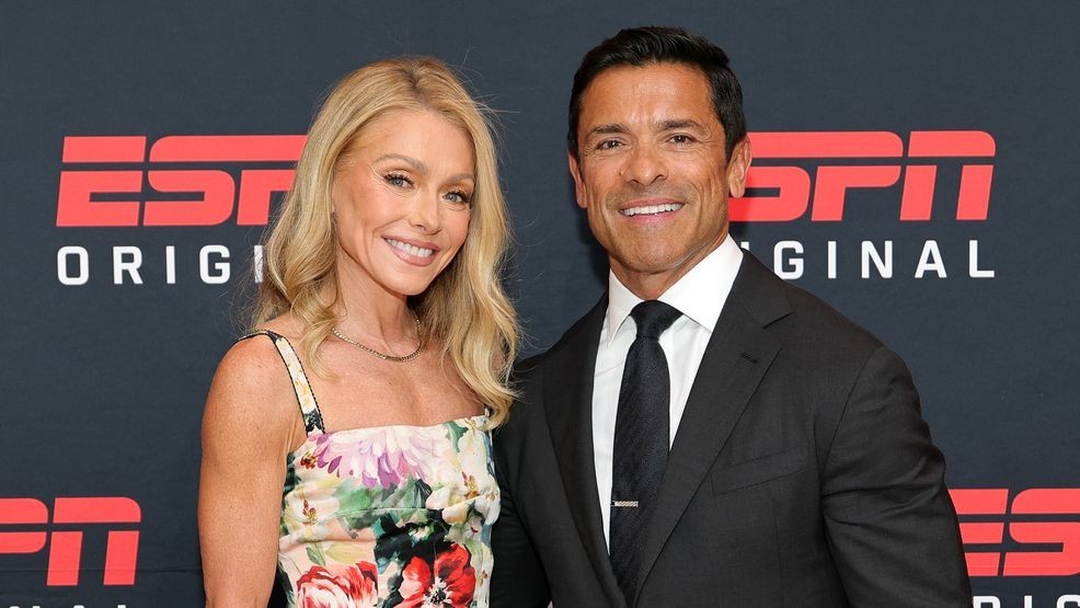 NEW YORK, NEW YORK - JULY 23: (L-R) Kelly Ripa and Mark Consuelos attend ESPN's "Running With The Wolves" series premiere on July 23, 2025 in New York City. (Photo by Dia Dipasupil/Getty Images)