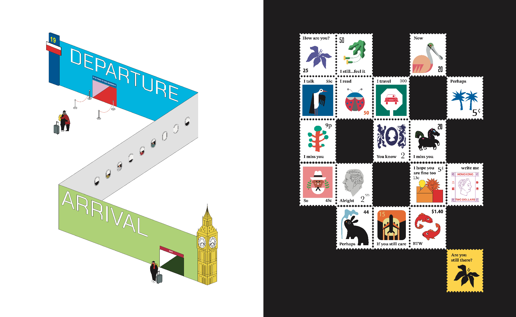 two images of colorful, graphic illustrations 