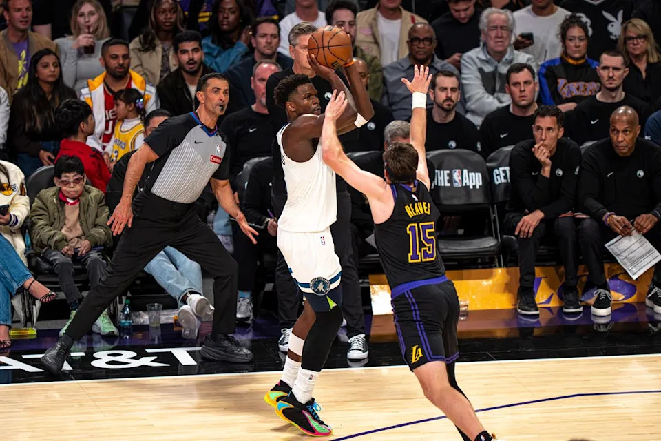 Minnesota Timberwolves guard Anthony edwards (5) successfully shooting for three points during an NBA basketball game against the Los Angeles Lakers on March 10th, 2026 in Los Angeles, CA.