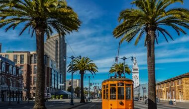 An old orange San Francisco cable car