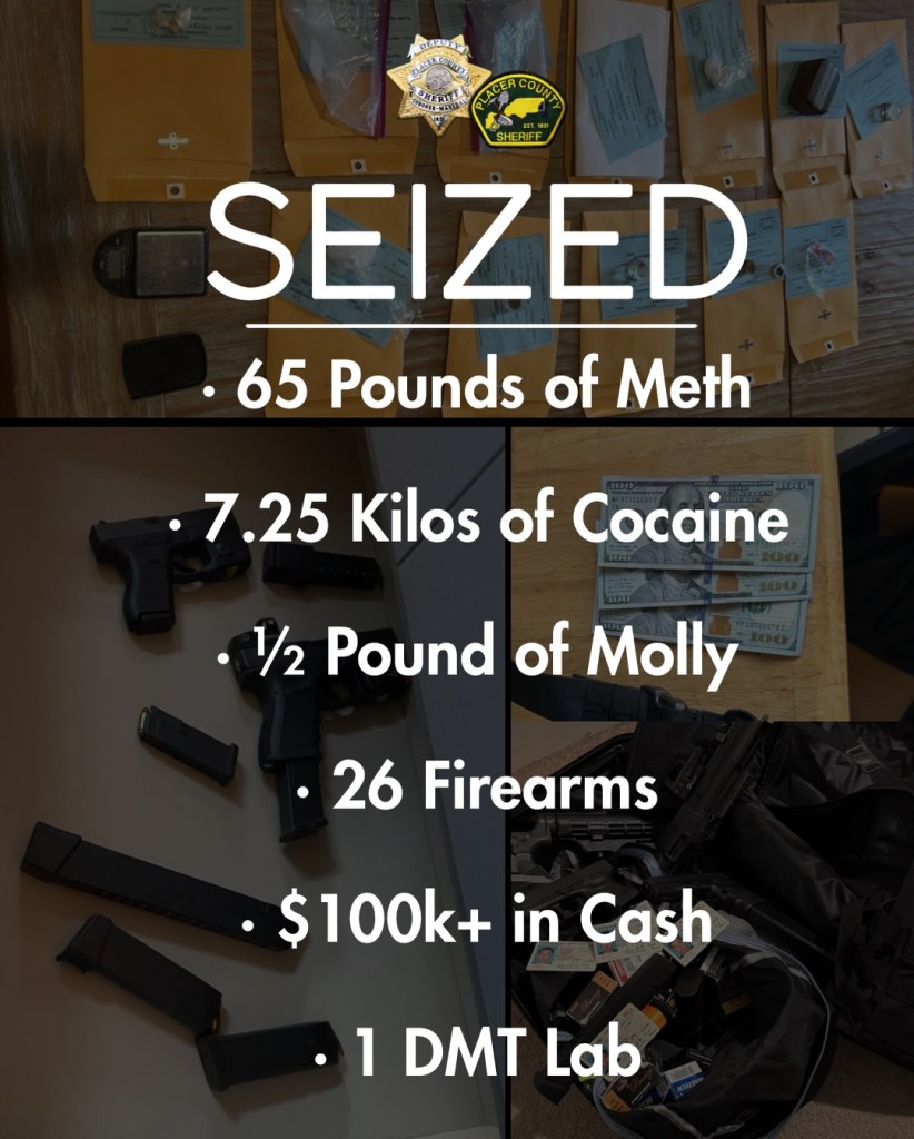 Collage of seized drugs, firearms, cash, and drug paraphernalia by the Placer County Sheriff.