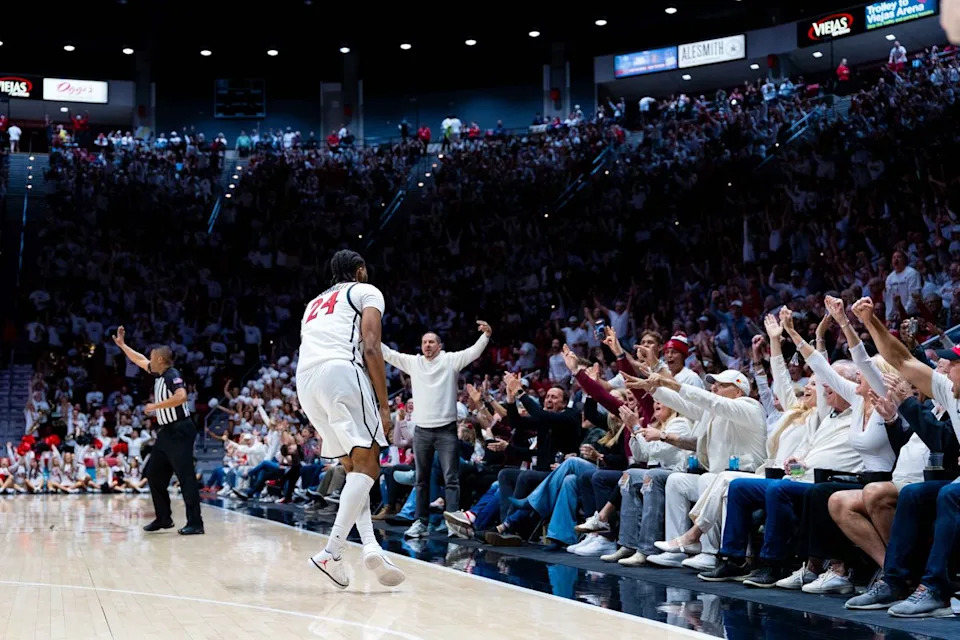 San Diego State guard Taj DeGourville (24) turns to the fans during an NCAA Basketball game between UNLV and San Diego State, Friday March 6, 2026 at Viejas Arena in San Diego, Calif.