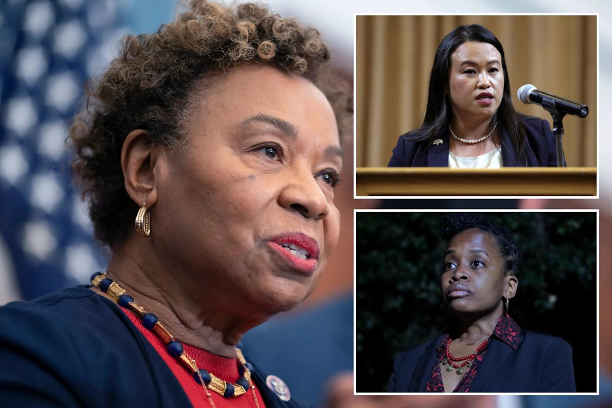 An image collage containing 3 images, Image 1 shows Rep. Barbara Lee speaking at a news conference, Image 2 shows Oakland Mayor Sheng Thao speaking at a podium with a microphone, gesturing with her right hand, Image 3 shows Carroll Fife, challenging Oakland Councilmember Lynette Gibson McElhaney, stands in Oakland, California