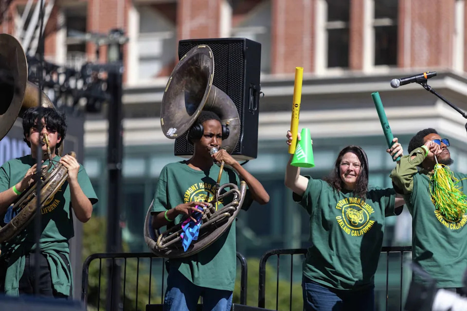 The Fremont High School Drumline performs during the Alysa Liu Celebration Rally at Frank Ogawa Plaza in front of Oakland City Hall in Oakland, Calif., on March 12, 2026. (Douglas Zimmerman/SFGATE)