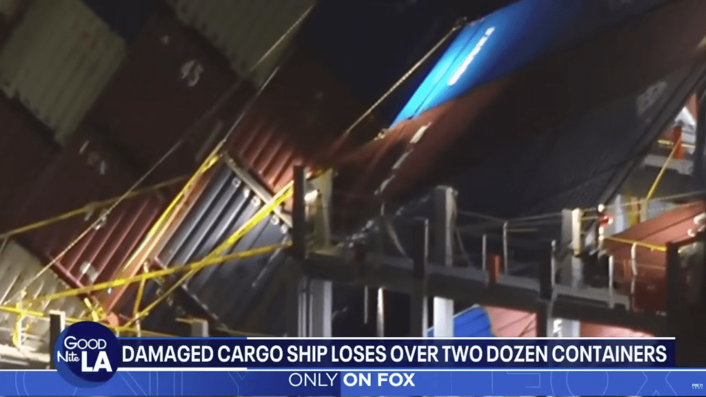 Video showed many of the large containers in uneven and awkward positions.