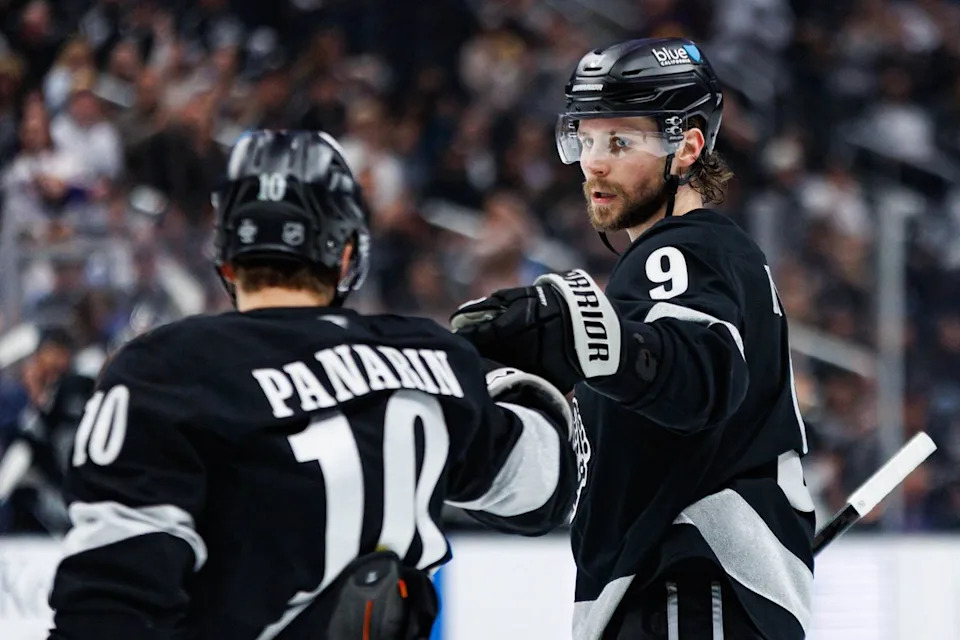 Los Angeles Kings right wing Adrian Kempe (#9) fist bumps left wing Artemi Panarin (#10) after scoring a goal during an NHL match against the Utah Mammoth on March 28, 2026 in Los Angeles, California.