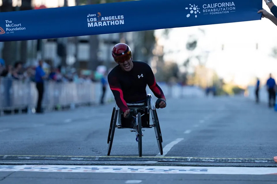 Miguel Vergara wins the wheelchair division of the Los Angeles Marathon on Sunday, March 8, 2026, in Los Angeles.