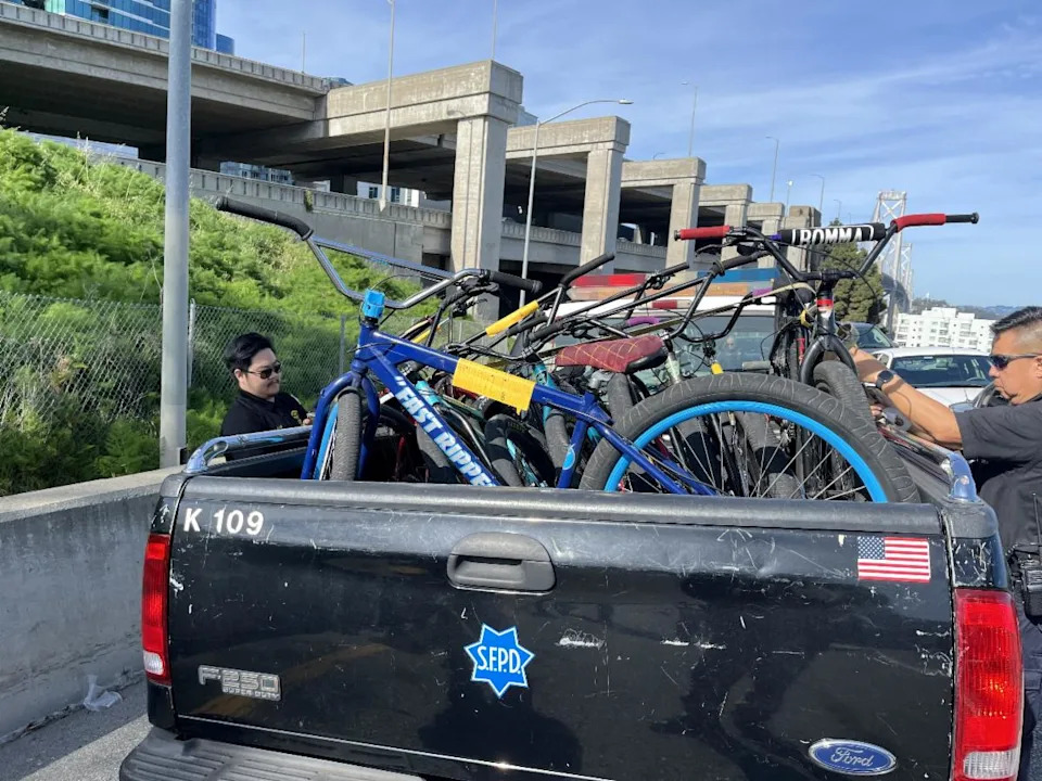 Bicycles that were seized by California Highway Patrol and the San Francisco Police Department officers after they detained 85 people who attempted to enter the San Francisco – Oakland Bay Bridge on Saturday, March 28, 2026, in San Francisco, CA.