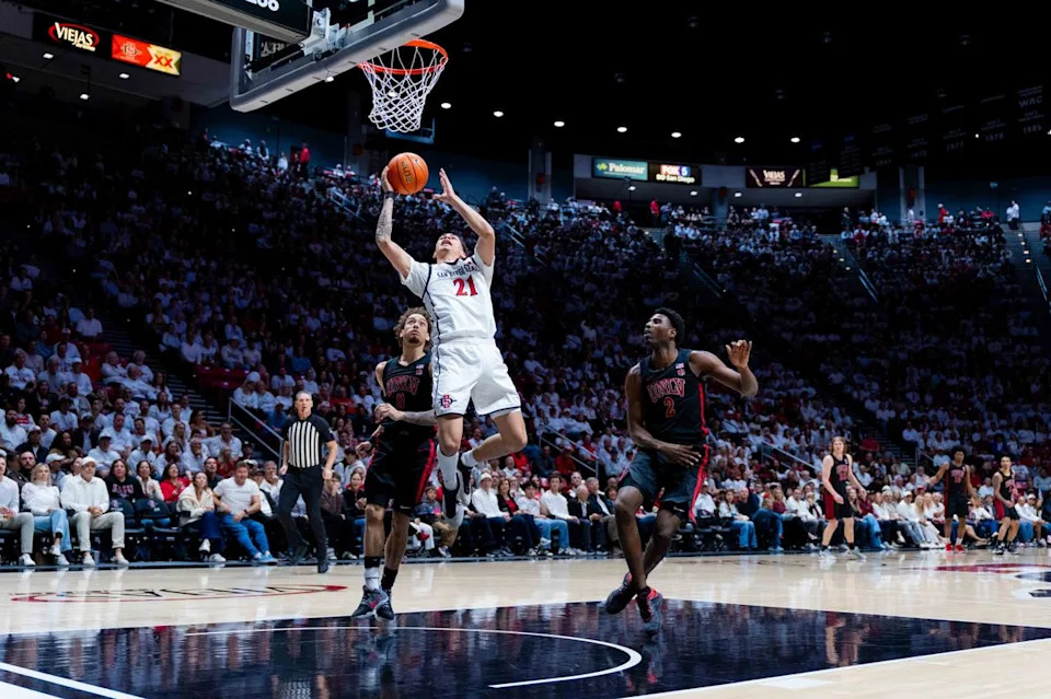 San Diego State guard Miles Byrd (21) attempts a layup during an NCAA Basketball game between UNLV and San Diego State, Friday March 6, 2026 at Viejas Arena in San Diego, Calif.