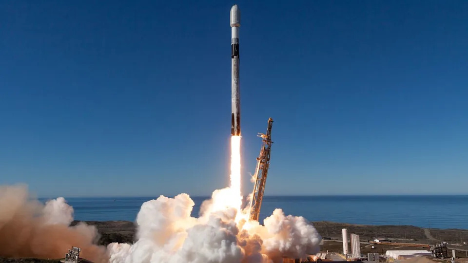  A SpaceX Falcon 9 rocket launches the 131-satellite Transporter 12 rideshare mission from California’s Vandenberg Space Force Base on Jan. 14, 2025. 