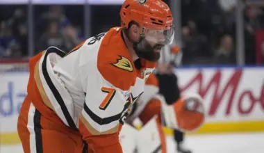 Anaheim Ducks defenseman Radko Gudas (7) gets set for a face off against the Toronto Maple Leafs during the first period at Scotiabank Arena.