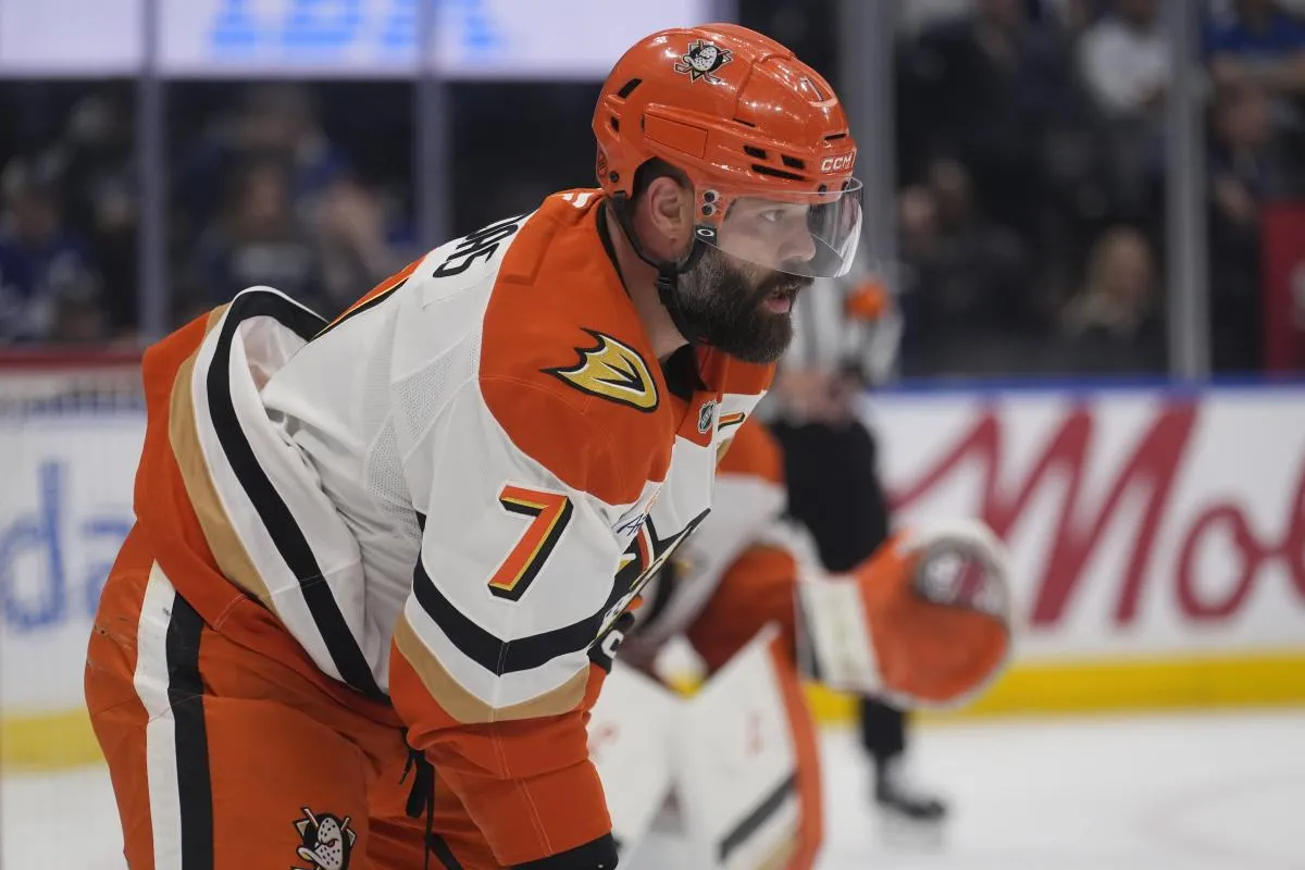 Anaheim Ducks defenseman Radko Gudas (7) gets set for a face off against the Toronto Maple Leafs during the first period at Scotiabank Arena.