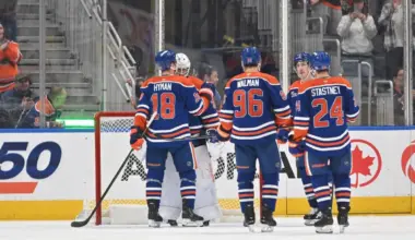 Edmonton Oilers goalie Connor Ingram (39) along with left winger Zach Hyman (18) and defenseman Jake Walman (96) and defenseman Spencer Stastney (24) celebrate their win over the San Jose Sharks during the third period at Rogers Place: