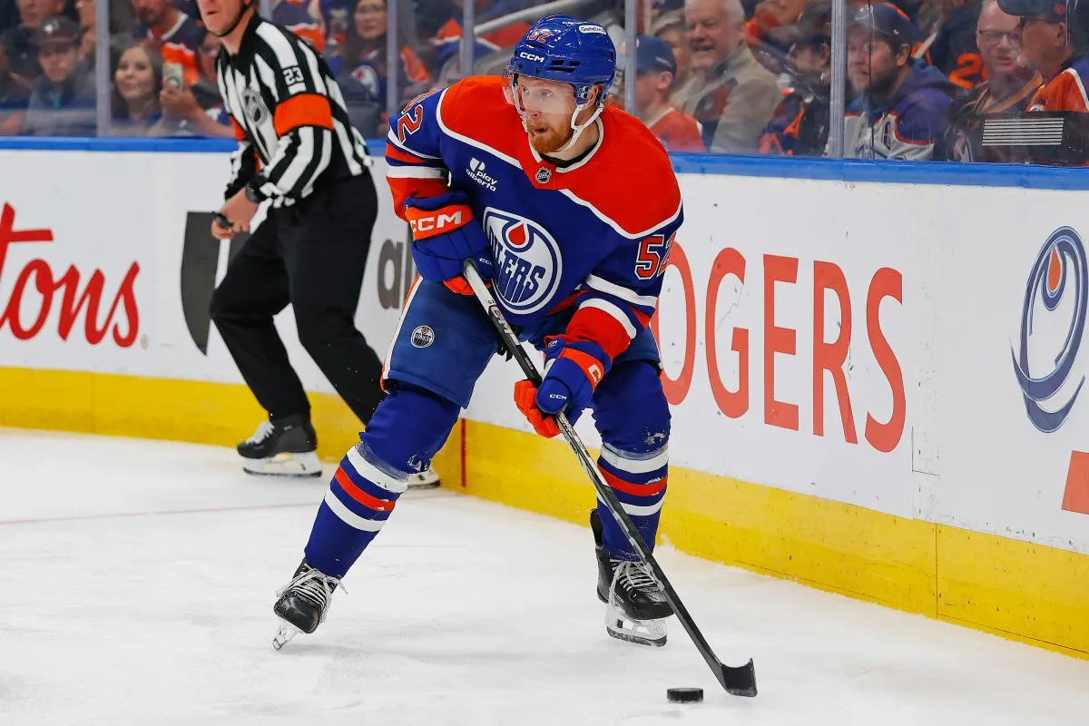Edmonton Oilers forward James Hamblin (52) looks to make a pass against the Seattle Kraken at Rogers Place.