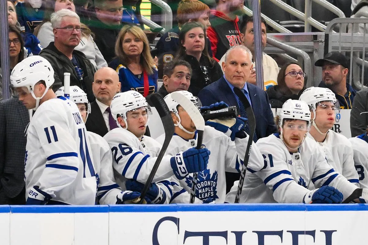 Toronto Maple Leafs head coach Craig Berube looks on from the bench during the third period against the St. Louis Blues at Enterprise Center.
