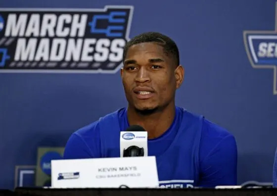 Mar 17, 2016; Oklahoma City, OK, USA; Cal State Bakersfield Roadrunners forward Kevin Mays (10) speaks to the media during a practice day before the first round of the NCAA men’s college basketball tournament at Chesapeake Energy Arena. Mandatory Credit: Kevin Jairaj-USA TODAY Sports