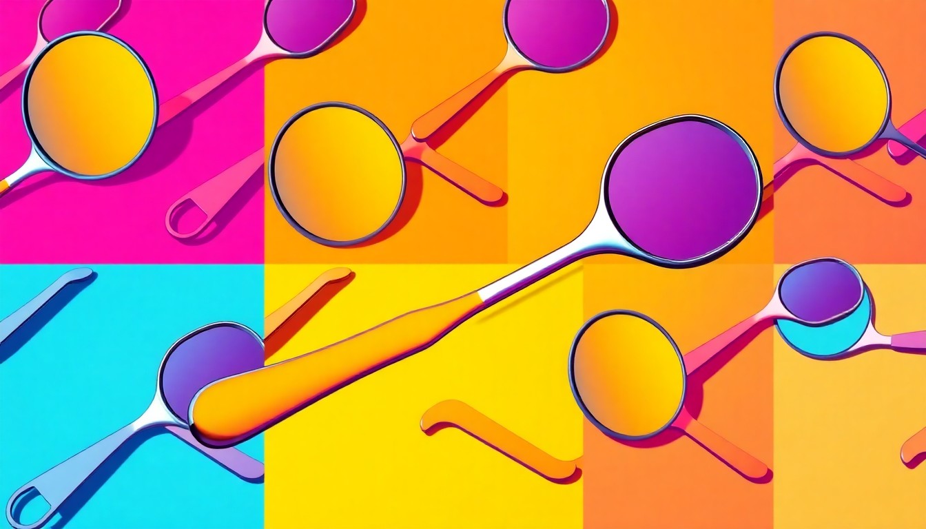 A brightly colored, high-contrast silkscreen print of a dental mirror tool repeated in a tight grid pattern, representing the hands-on medical training provided to high school students in Fresno.