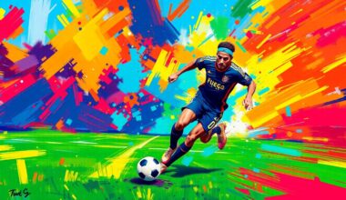 An abstract, energetic painting with vibrant neon brushstrokes depicting a soccer player dribbling the ball, capturing the dynamic movement and passion of the sport.