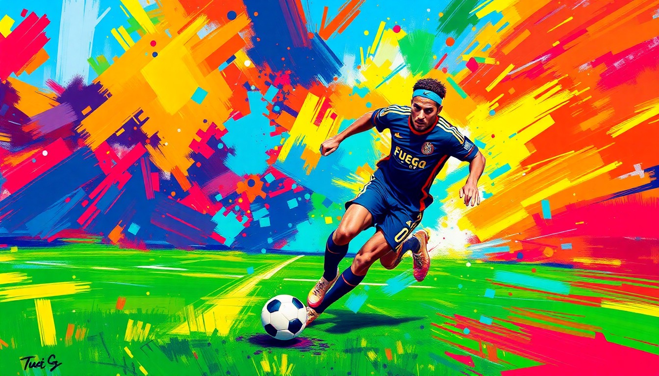 An abstract, energetic painting with vibrant neon brushstrokes depicting a soccer player dribbling the ball, capturing the dynamic movement and passion of the sport.