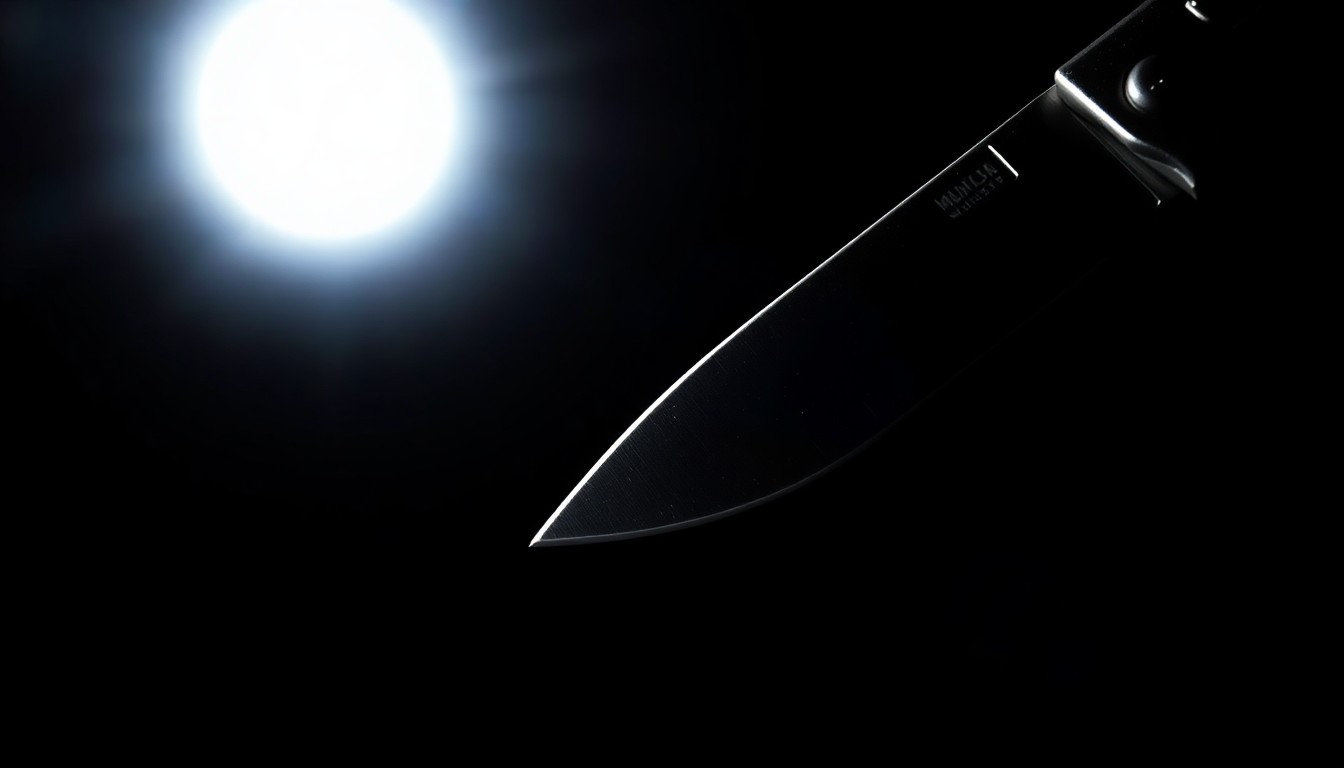 An extreme close-up of a shiny metal pocket knife blade, the harsh lighting and dark background creating a stark, gritty aesthetic that conceptually represents the violence of the stabbing incident.