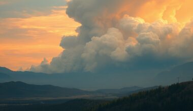 A sweeping, atmospheric landscape painting depicting a massive plume of smoke rising from the distant horizon, dwarfing any visible structures or vegetation and conveying the overwhelming scale and power of a wildfire.