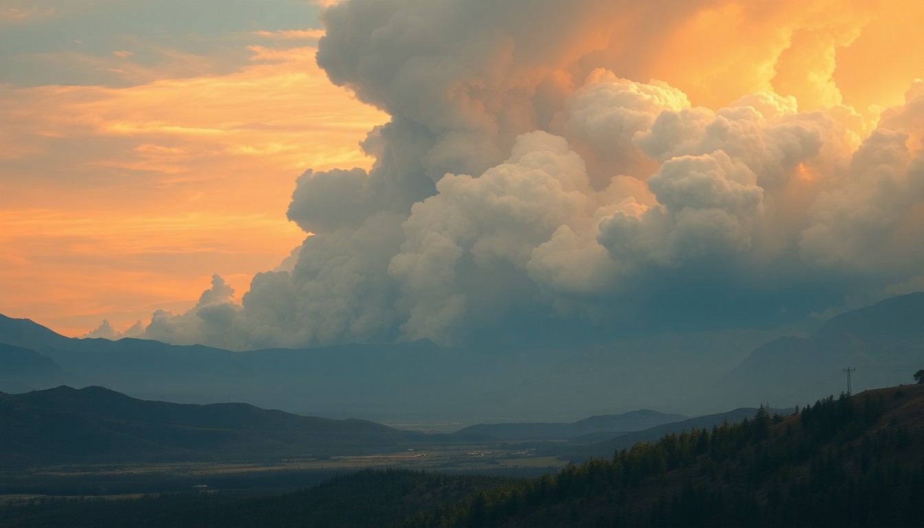 A sweeping, atmospheric landscape painting depicting a massive plume of smoke rising from the distant horizon, dwarfing any visible structures or vegetation and conveying the overwhelming scale and power of a wildfire.