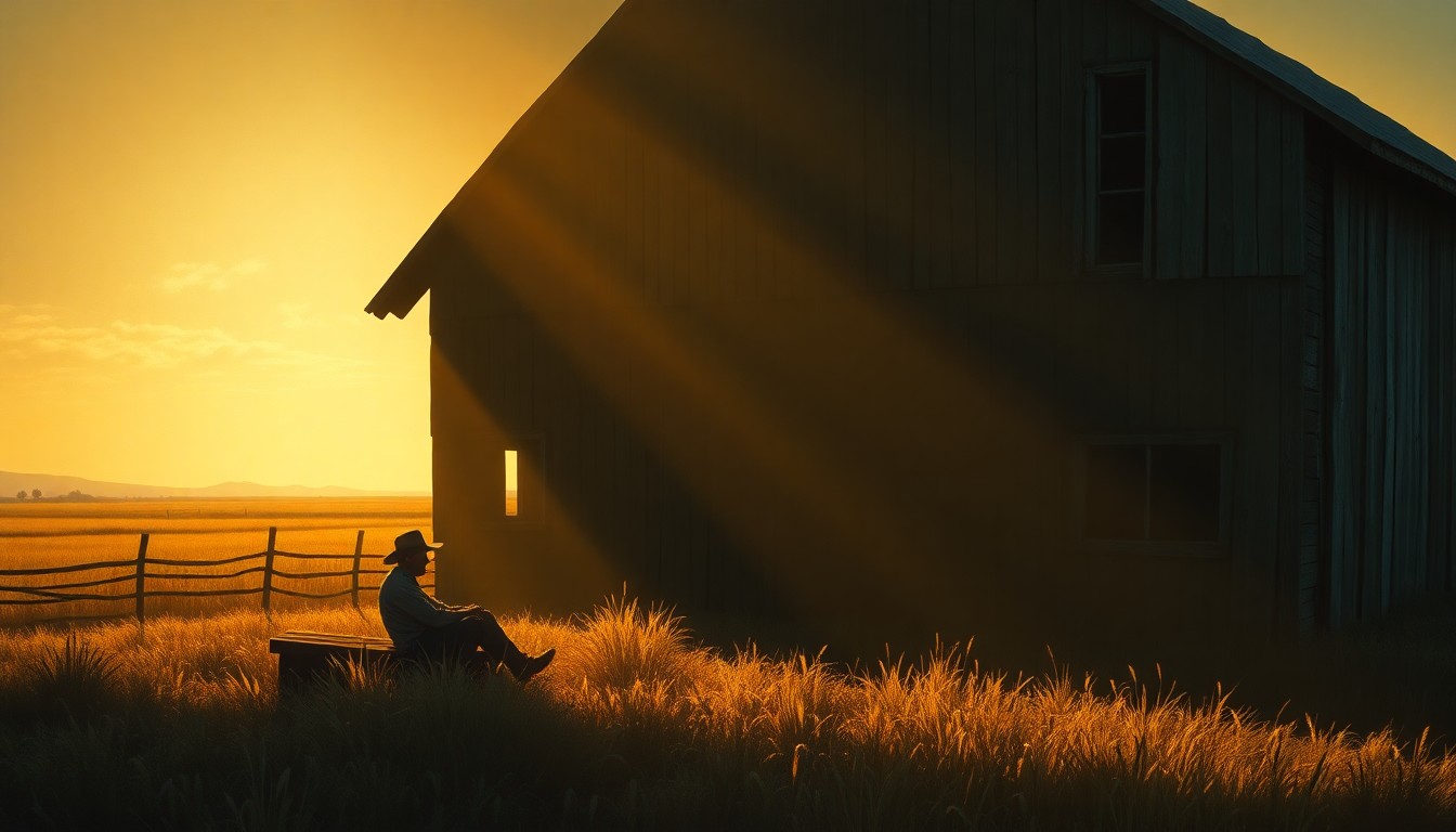 A cinematic painting of a lone farmworker resting in the shade of a weathered barn, the scene bathed in warm, diagonal sunlight and deep shadows, conceptually representing the quiet dignity of agricultural work.