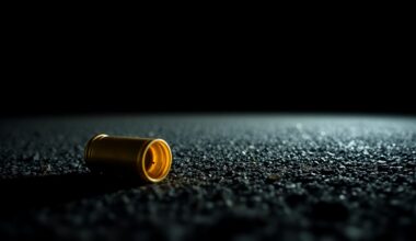 An extreme close-up photograph of a spent shell casing on the asphalt, lit by a harsh, direct camera flash against a pitch-black background, creating a stark, gritty, investigative aesthetic.