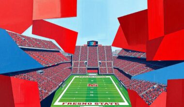 A cubist, geometric painting depicting the fragmented, multi-angled view of a college football stadium, with sharp planes of cardinal red and blue representing the Fresno State Bulldogs