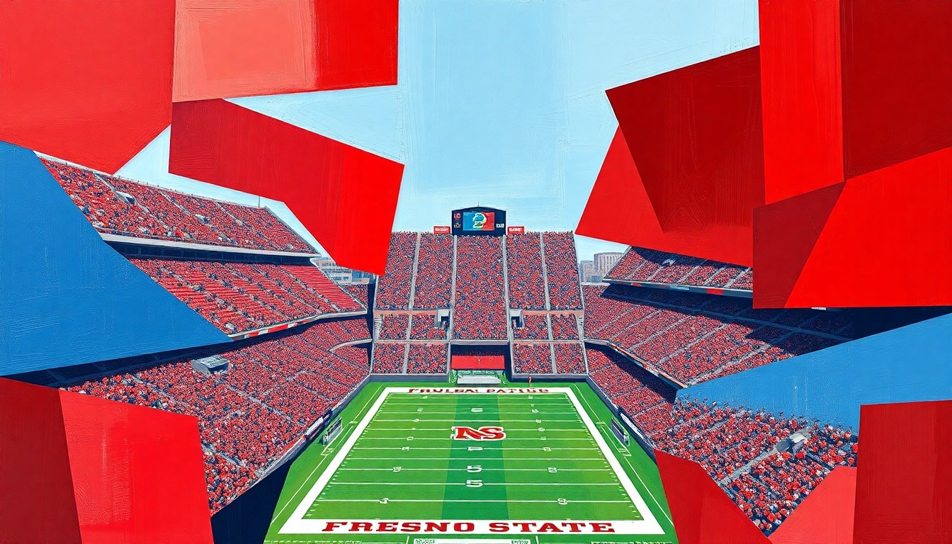 A cubist, geometric painting depicting the fragmented, multi-angled view of a college football stadium, with sharp planes of cardinal red and blue representing the Fresno State Bulldogs