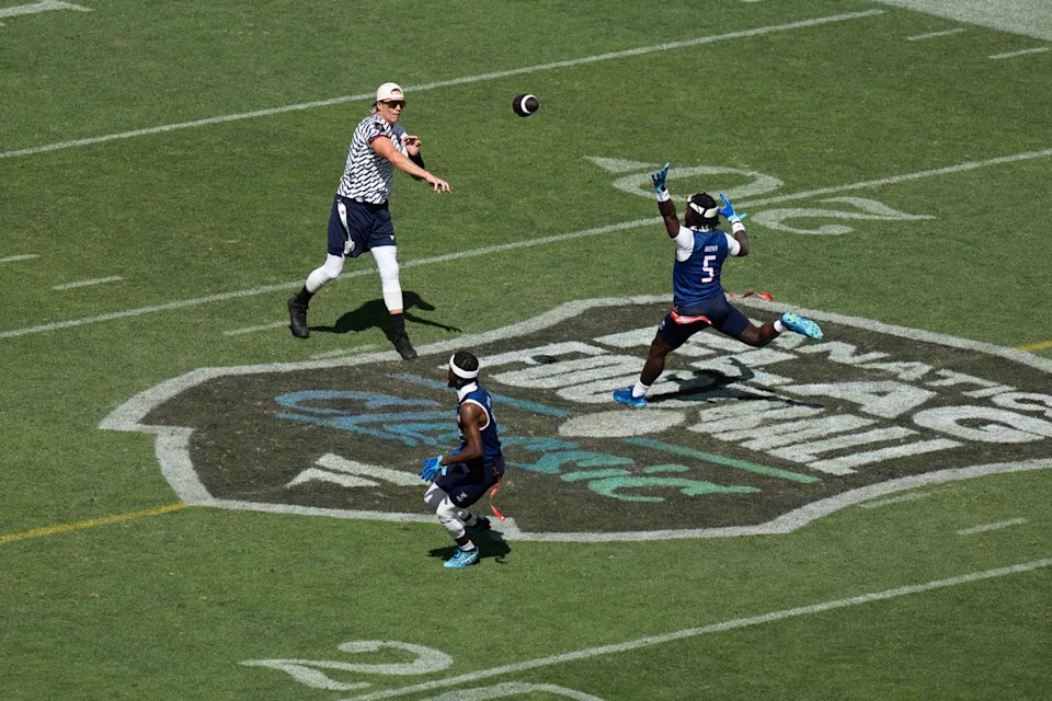 Team Founders quarterback Tom Brady throws a pass during the Fanatics Flag Football event, March 21, 2026, in Los Angeles.