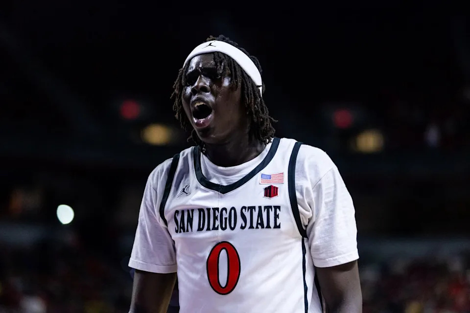 San Diego Aztecs forward Magoon Gwath (0) yells to hype himself up during a Mountain West Championship tournament quarterfinal game between the San Diego Aztecs and the Colorado State Rams, Thursday March 12, 2026 in Las Vegas, Nev.
