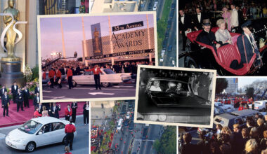 Various kinds of cars and celebrities arrive at The Academy Awards