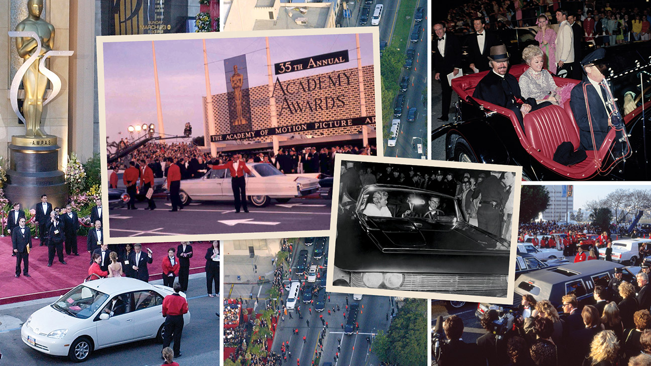 Various kinds of cars and celebrities arrive at The Academy Awards