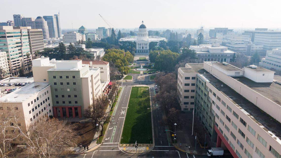 Vacant state office buildings flank Capitol Mall on Friday, Jan. 30 after a news conference about a planned downtown campus for Sacramento State.