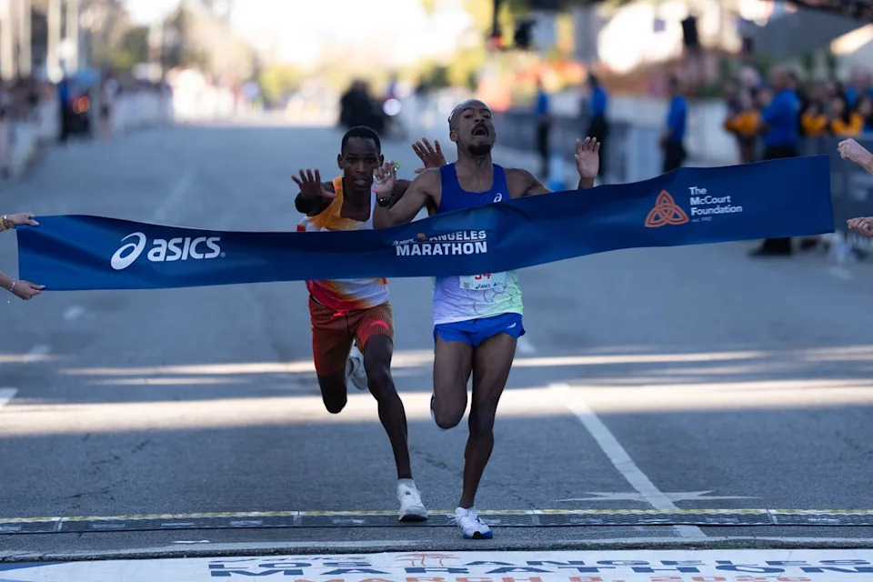 Nathan Martin edges out Michael Kamau to win the men's division of the Los Angeles Marathon on Sunday, March 8, 2026, in Los Angeles.