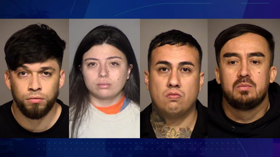 The suspects, from left: Sergio Andres Mejía-Machuca, 27; Heidy Nickolt Trujillo, 25; Camilo Antonio Aguliar Lara, 31; and Manuel David Ibarra, 37. (Ventura County District Attorney’s Office)