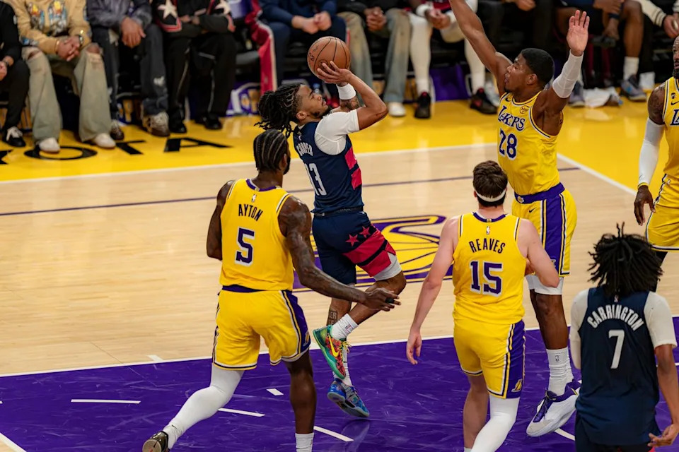 Washington Wizards guard Sharife Cooper (13) jump shooting during an NBA basketball game against the Los Angeles Lakers on March 30th, 2026 in Los Angeles, CA.