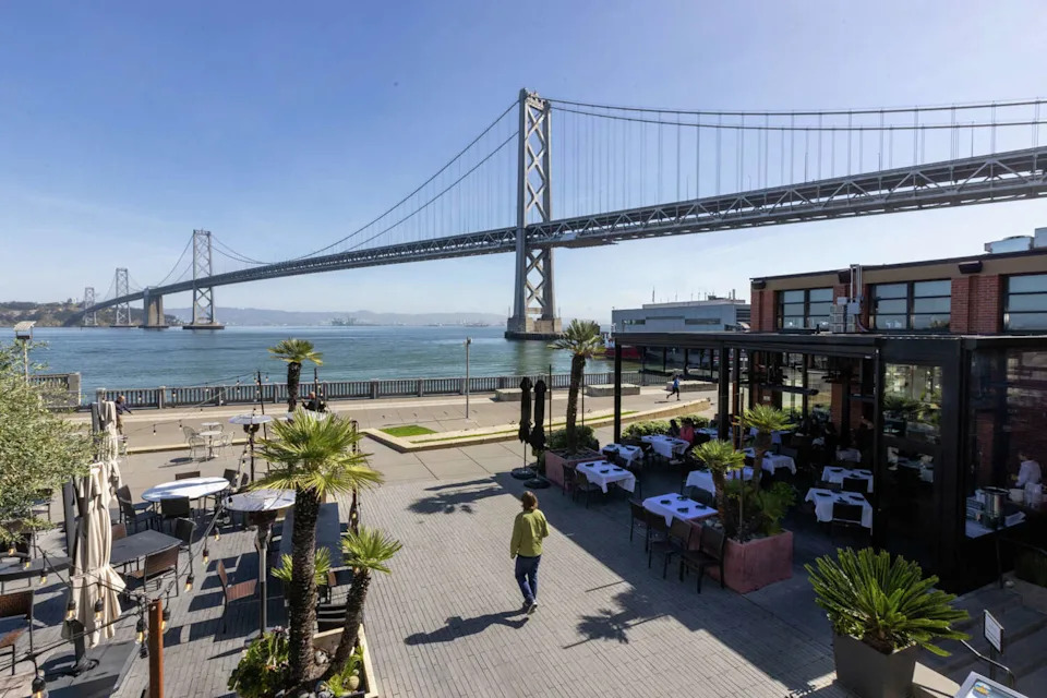 The San Francisco-Oakland Bay Bridge is viewable from Epic Steak and Waterbar in San Francisco on March 10, 2026. (Douglas Zimmerman/SFGATE)
