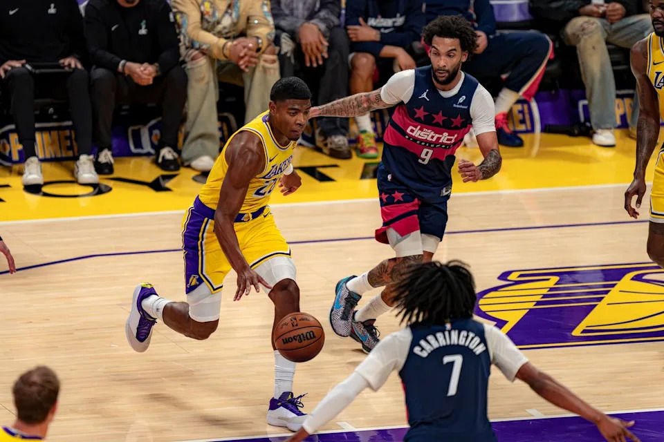 Los Angeles Lakers forward Rui Hachimura (28) dribbling during an NBA basketball game against the Washington Wizards on March 30th, 2026 in Los Angeles, CA.